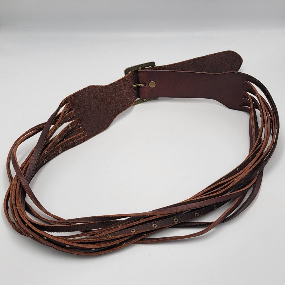 Linea Pelle Brown Boho Leather Multi-Strap Belt With Brass Rivet Accents Adjusta - Picture 2 of 12